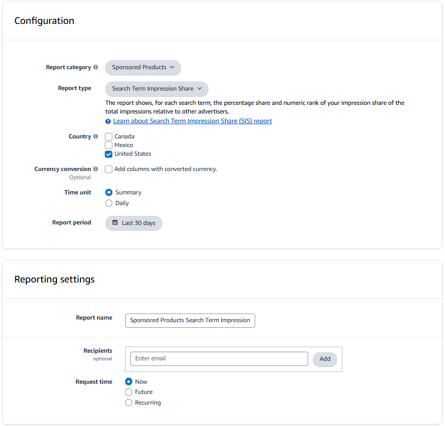 Sponsored Products Search Term Impression Share Report configuration